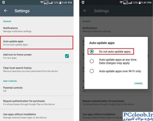 Disable automatic updating of apps on Google Play Store