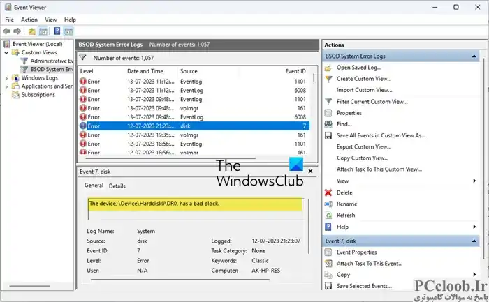 دستگاه، DeviceHarddisk0DR0، دارای بلوک بد، شناسه رویداد 7 است